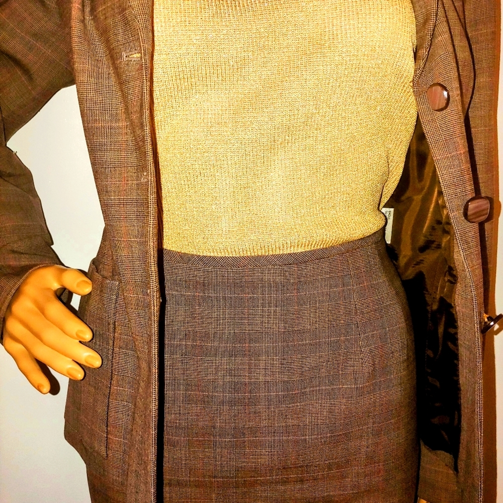 BILL BLASS 8 M/L HERRINGBONE BROWN TAN WOOL MODERN VTG TAILORED FIT SKIRT SUIT - Picture 5 of 14